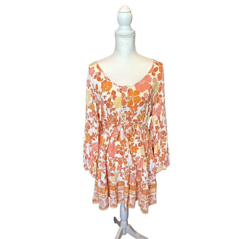 Petal and Pup Odie Dress 10 Orange Beige Floral Print Long Sleeves Rayon BOHO